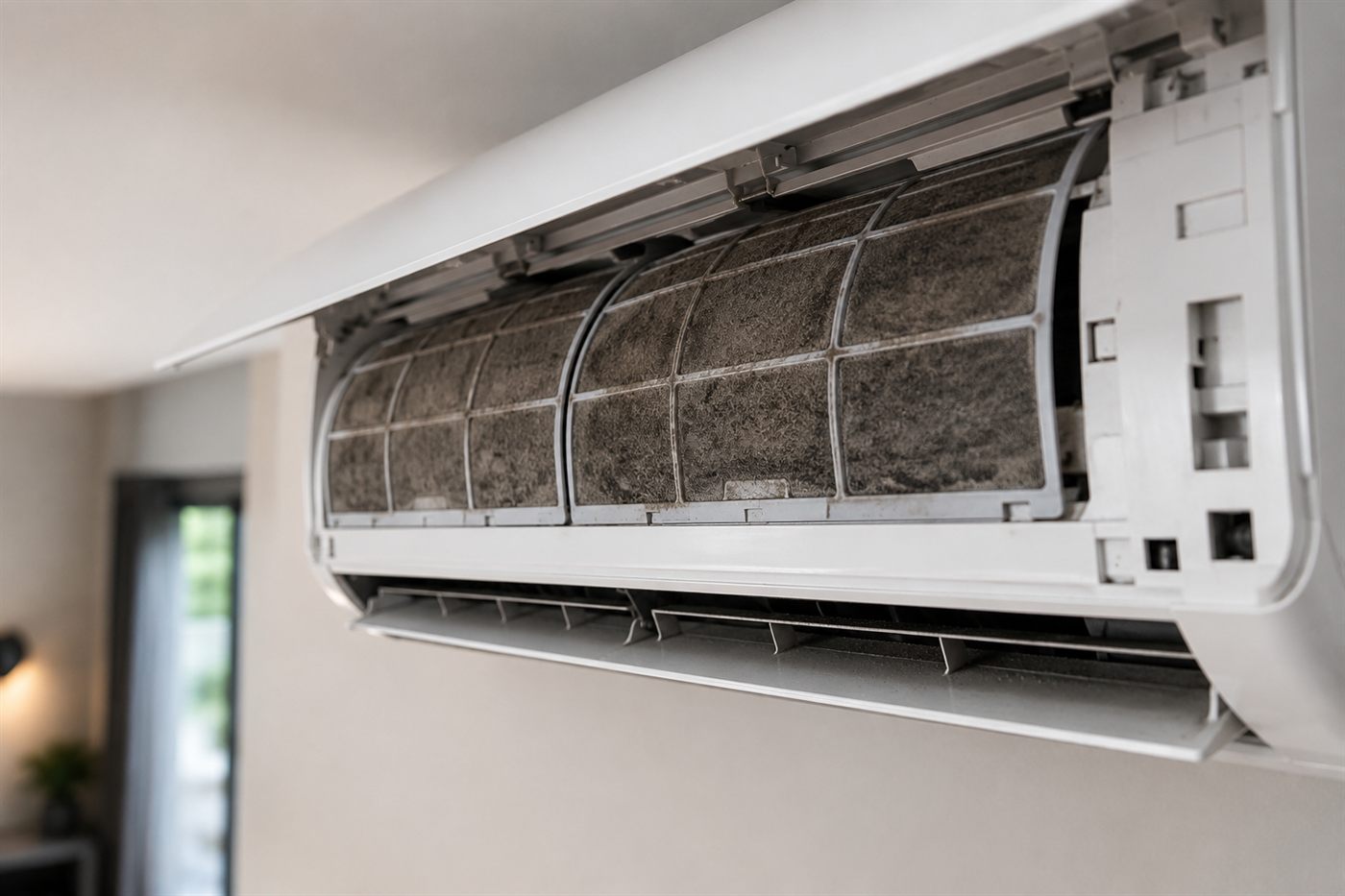 Vervuilde airco-filter tijdens een onderhoudsbeurt door Technibo