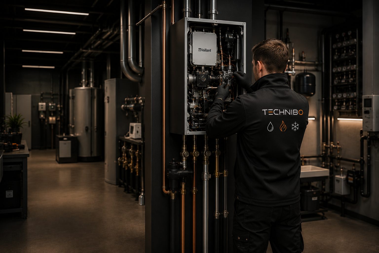 Technibo technieker aan het werk aan een Vaillant CV-ketel